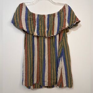 Free People Serefina Stripe Ultra Mini Dress Retro Print Off Shoulder Ruffle